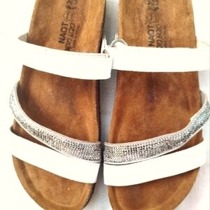 Ladies Naot Sandal White & Silver With Cork Footbed. Size 39  Like New With Box.